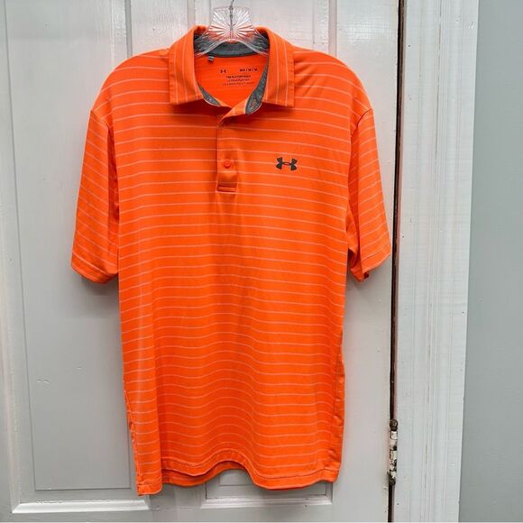 Under Armour UA bright neon orange striped the playoff polo men's medium - Picture 1 of 4